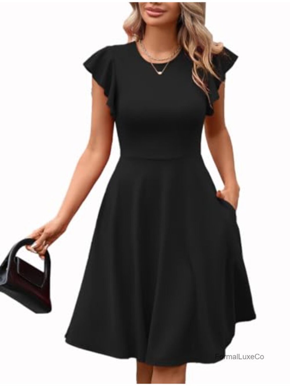 Ruffle Short Sleeve Fit and Flare A-Line Dress with Pockets
